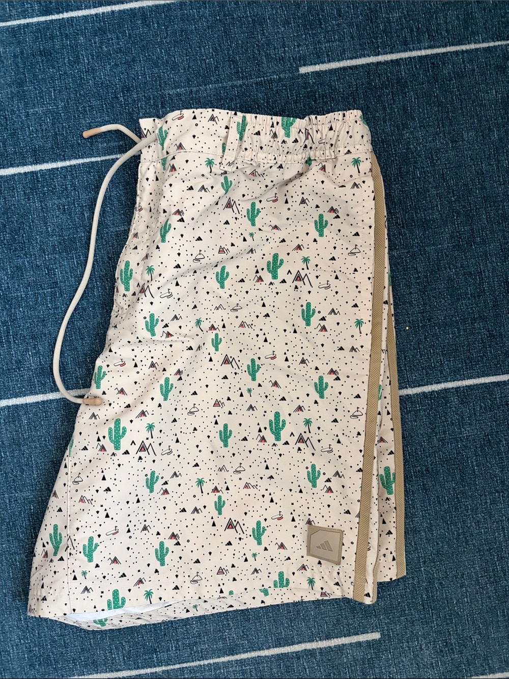 adidas Men's Cream Athletic Shorts with Green Cactus Print